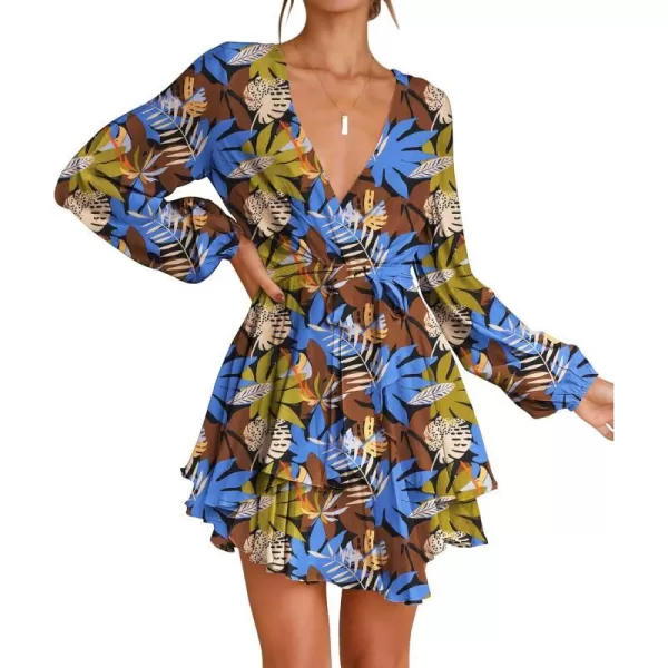 imageZESICA Womens Wrap V Neck Dress Long Sleeve 2023 Tie Waist Ruffle Hem Cocktail Wedding Party Swing Mini DressesBlueyellow