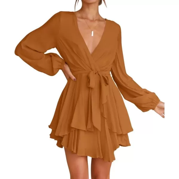 imageZESICA Womens Wrap V Neck Dress Long Sleeve 2023 Tie Waist Ruffle Hem Cocktail Wedding Party Swing Mini DressesCaramel