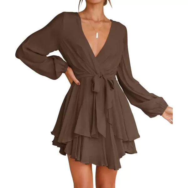 imageZESICA Womens Wrap V Neck Dress Long Sleeve 2023 Tie Waist Ruffle Hem Cocktail Wedding Party Swing Mini DressesCoffee