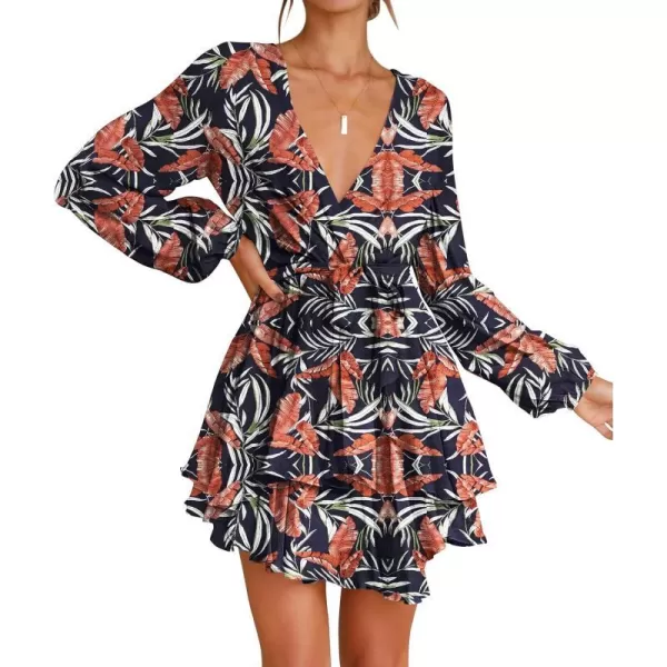 imageZESICA Womens Wrap V Neck Dress Long Sleeve 2023 Tie Waist Ruffle Hem Cocktail Wedding Party Swing Mini DressesDarkblue