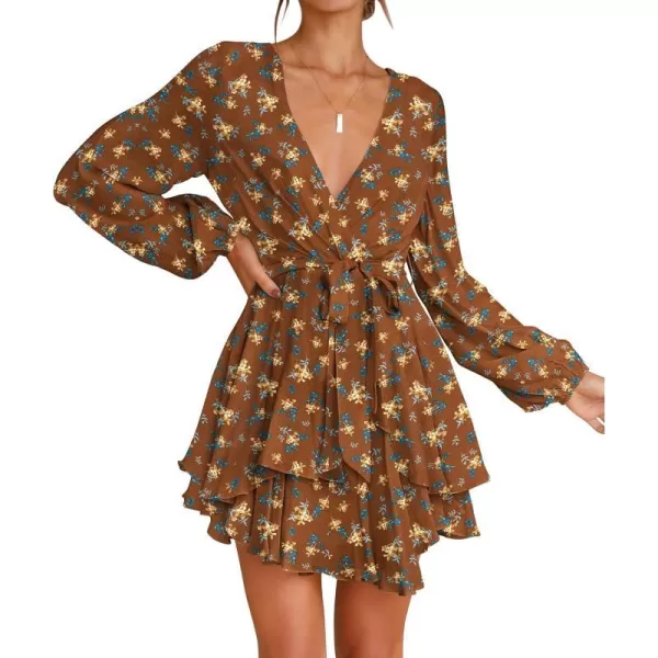 imageZESICA Womens Wrap V Neck Dress Long Sleeve 2023 Tie Waist Ruffle Hem Cocktail Wedding Party Swing Mini DressesDarkbrown