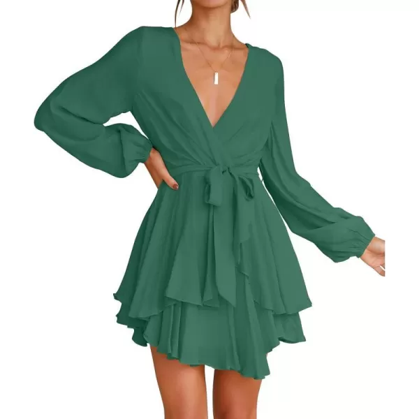 imageZESICA Womens Wrap V Neck Dress Long Sleeve 2023 Tie Waist Ruffle Hem Cocktail Wedding Party Swing Mini DressesForestgreen
