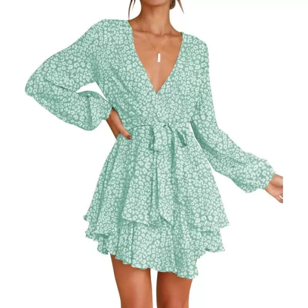 imageZESICA Womens Wrap V Neck Dress Long Sleeve 2023 Tie Waist Ruffle Hem Cocktail Wedding Party Swing Mini DressesGreen
