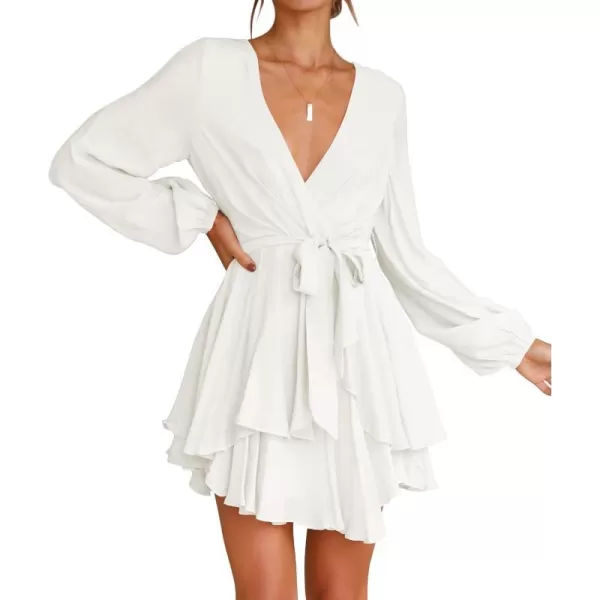 imageZESICA Womens Wrap V Neck Dress Long Sleeve 2023 Tie Waist Ruffle Hem Cocktail Wedding Party Swing Mini DressesIvory