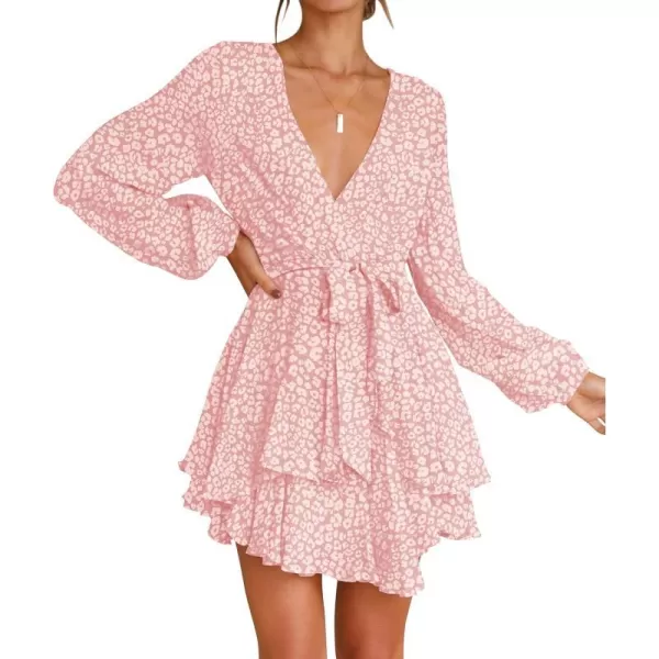 imageZESICA Womens Wrap V Neck Dress Long Sleeve 2023 Tie Waist Ruffle Hem Cocktail Wedding Party Swing Mini DressesLightpink