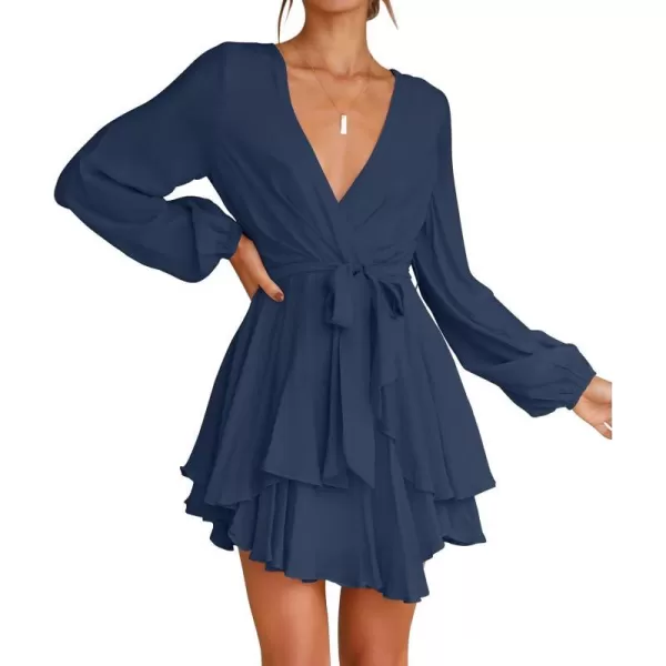 imageZESICA Womens Wrap V Neck Dress Long Sleeve 2023 Tie Waist Ruffle Hem Cocktail Wedding Party Swing Mini DressesNavy