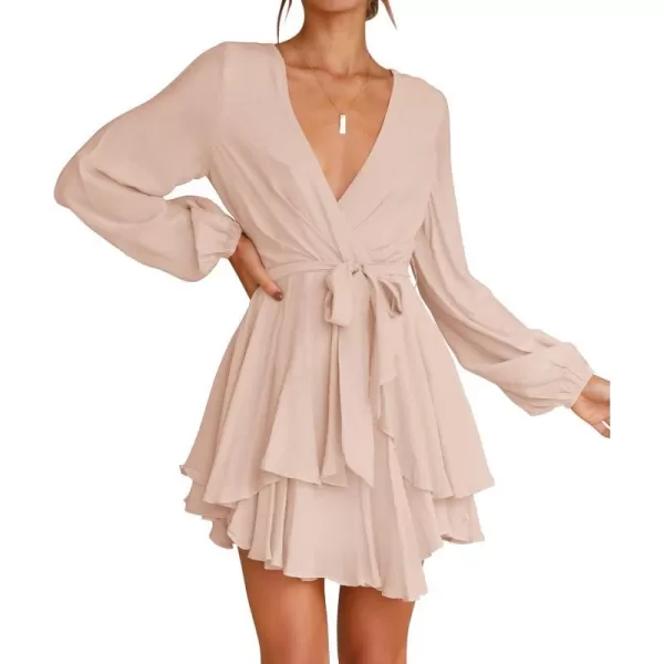 imageZESICA Womens Wrap V Neck Dress Long Sleeve 2023 Tie Waist Ruffle Hem Cocktail Wedding Party Swing Mini DressesPink
