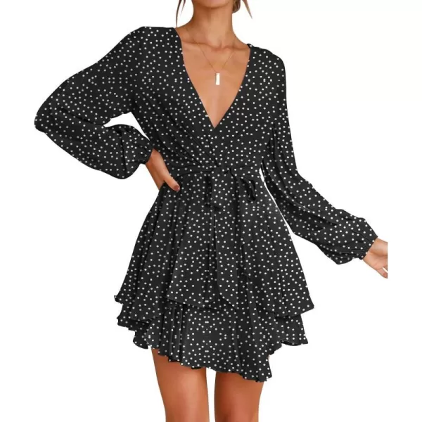 imageZESICA Womens Wrap V Neck Dress Long Sleeve 2023 Tie Waist Ruffle Hem Cocktail Wedding Party Swing Mini DressesPolkadotblack