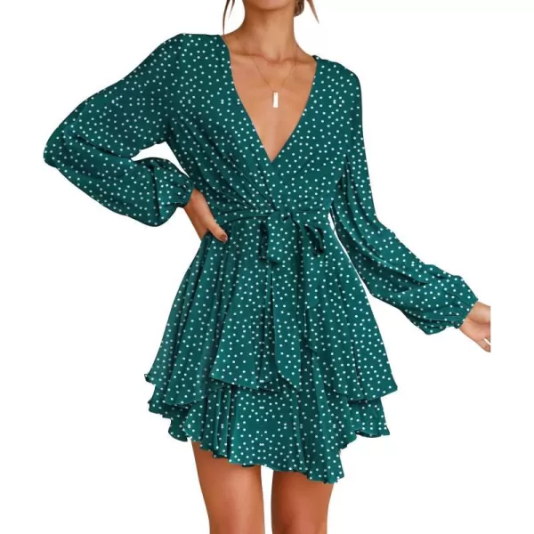 imageZESICA Womens Wrap V Neck Dress Long Sleeve 2023 Tie Waist Ruffle Hem Cocktail Wedding Party Swing Mini DressesPolkadotgreen