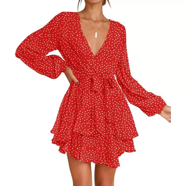imageZESICA Womens Wrap V Neck Dress Long Sleeve 2023 Tie Waist Ruffle Hem Cocktail Wedding Party Swing Mini DressesPolkadotred