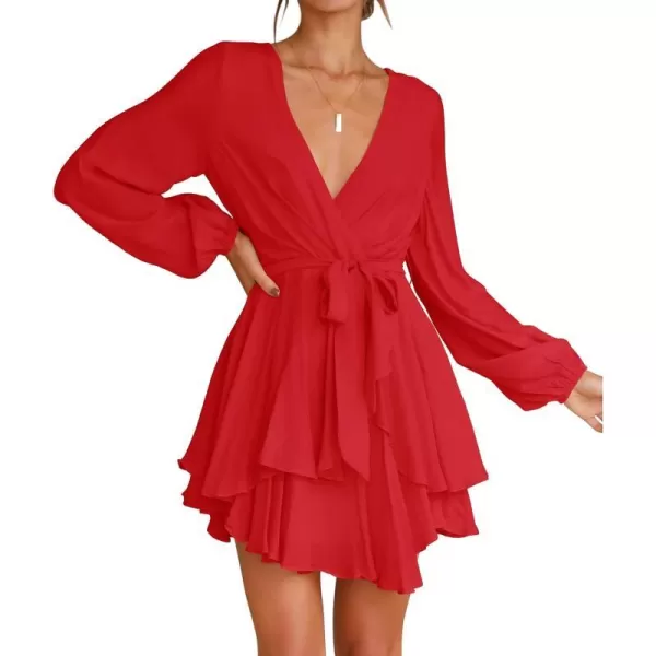 imageZESICA Womens Wrap V Neck Dress Long Sleeve 2023 Tie Waist Ruffle Hem Cocktail Wedding Party Swing Mini DressesRed