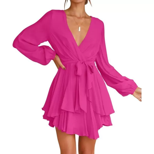imageZESICA Womens Wrap V Neck Dress Long Sleeve 2023 Tie Waist Ruffle Hem Cocktail Wedding Party Swing Mini DressesRose