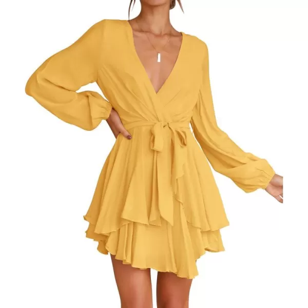 imageZESICA Womens Wrap V Neck Dress Long Sleeve 2023 Tie Waist Ruffle Hem Cocktail Wedding Party Swing Mini DressesYellow