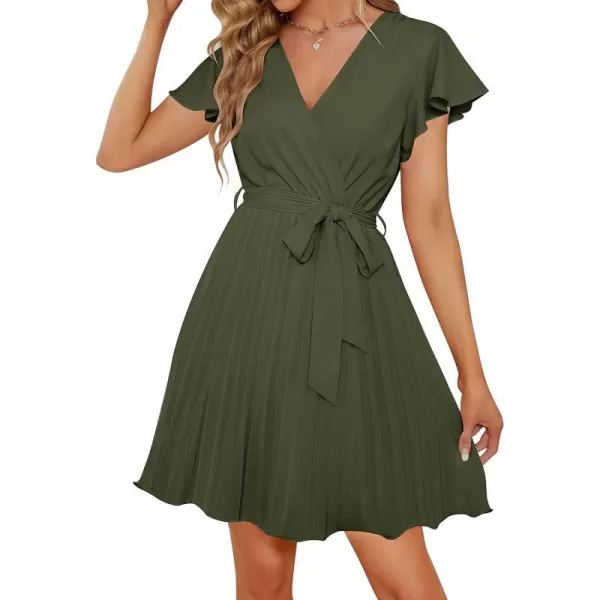 imageZESICA Womens Wrap V Neck Mini Dress 2023 Summer Flutter Sleeve Tie Waist Pleated A Line Swing Wedding Party Short DressesArmygreen