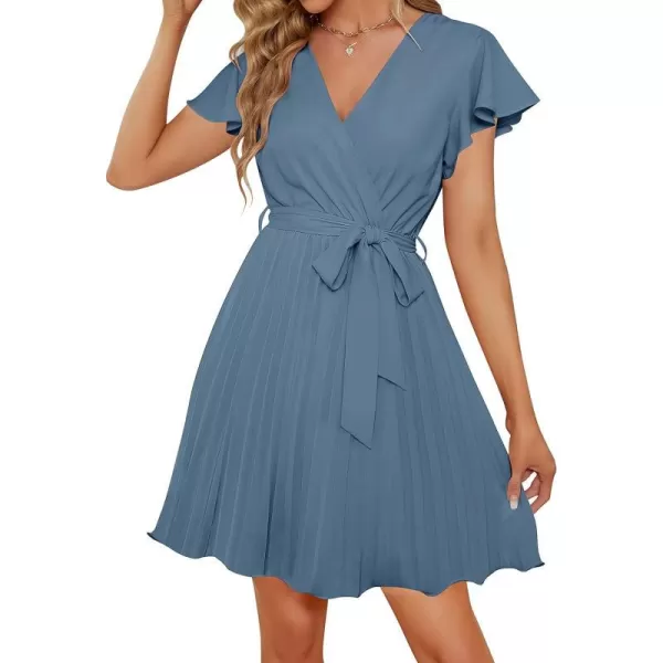 imageZESICA Womens Wrap V Neck Mini Dress 2023 Summer Flutter Sleeve Tie Waist Pleated A Line Swing Wedding Party Short DressesDustyblue
