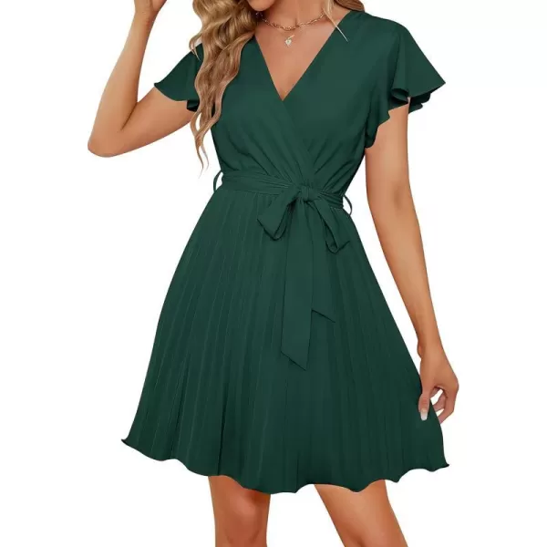 imageZESICA Womens Wrap V Neck Mini Dress 2023 Summer Flutter Sleeve Tie Waist Pleated A Line Swing Wedding Party Short DressesForestgreen
