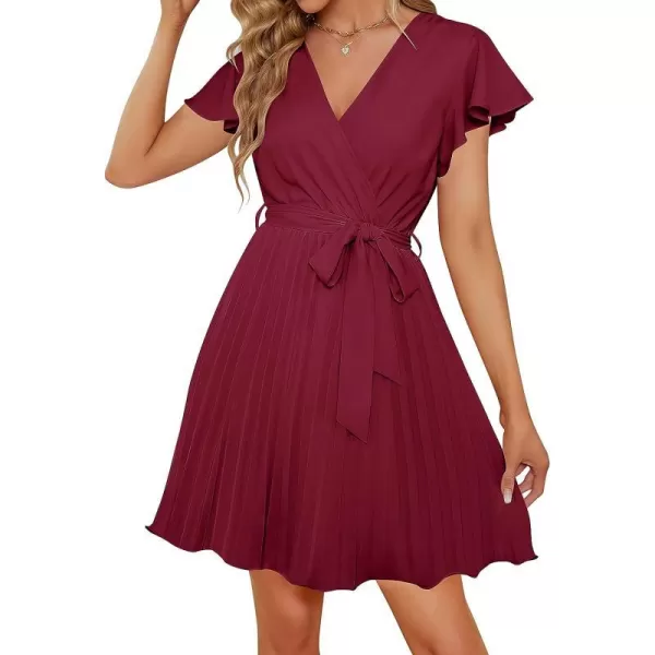 imageZESICA Womens Wrap V Neck Mini Dress 2023 Summer Flutter Sleeve Tie Waist Pleated A Line Swing Wedding Party Short DressesFuchsia