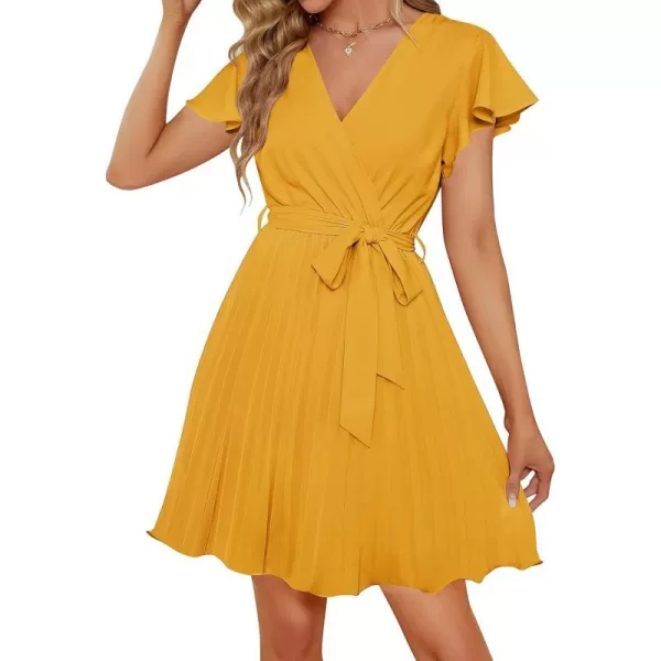 imageZESICA Womens Wrap V Neck Mini Dress 2023 Summer Flutter Sleeve Tie Waist Pleated A Line Swing Wedding Party Short DressesGinger