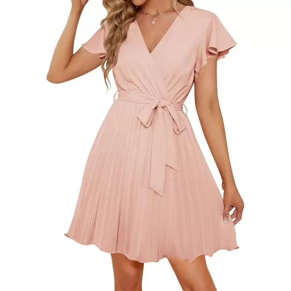 imageZESICA Womens Wrap V Neck Mini Dress 2023 Summer Flutter Sleeve Tie Waist Pleated A Line Swing Wedding Party Short DressesLightpink