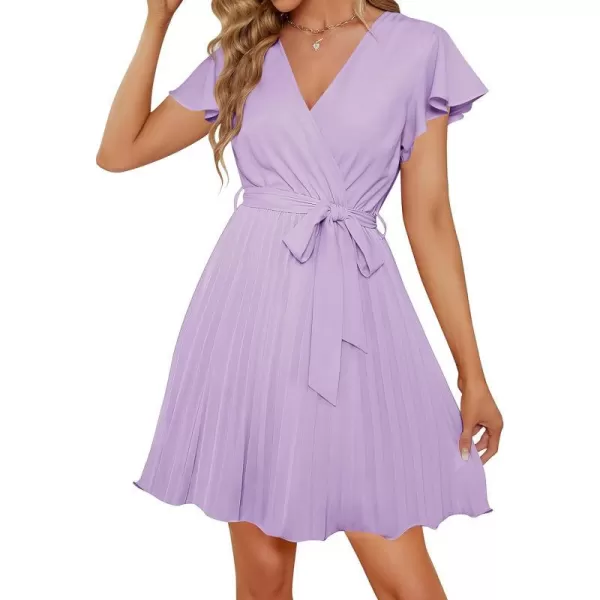 imageZESICA Womens Wrap V Neck Mini Dress 2023 Summer Flutter Sleeve Tie Waist Pleated A Line Swing Wedding Party Short DressesPurple