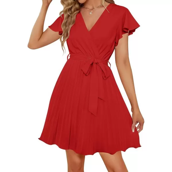 imageZESICA Womens Wrap V Neck Mini Dress 2023 Summer Flutter Sleeve Tie Waist Pleated A Line Swing Wedding Party Short DressesRed