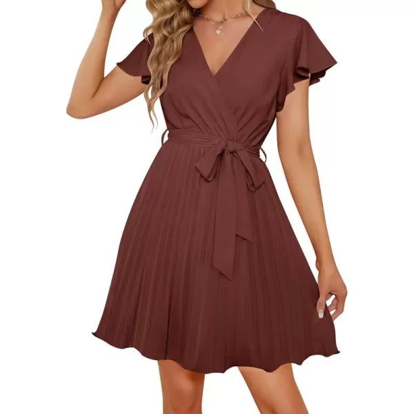 imageZESICA Womens Wrap V Neck Mini Dress 2023 Summer Flutter Sleeve Tie Waist Pleated A Line Swing Wedding Party Short DressesRedbrown