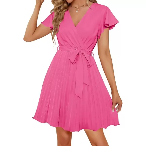 imageZESICA Womens Wrap V Neck Mini Dress 2023 Summer Flutter Sleeve Tie Waist Pleated A Line Swing Wedding Party Short DressesRosepink