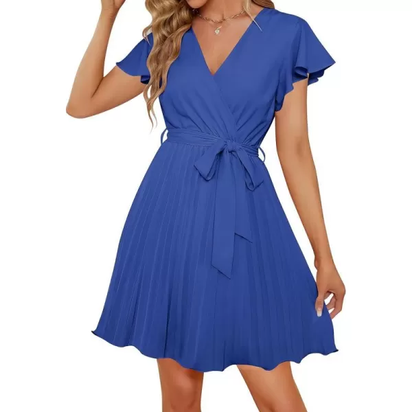 imageZESICA Womens Wrap V Neck Mini Dress 2023 Summer Flutter Sleeve Tie Waist Pleated A Line Swing Wedding Party Short DressesRoyalblue