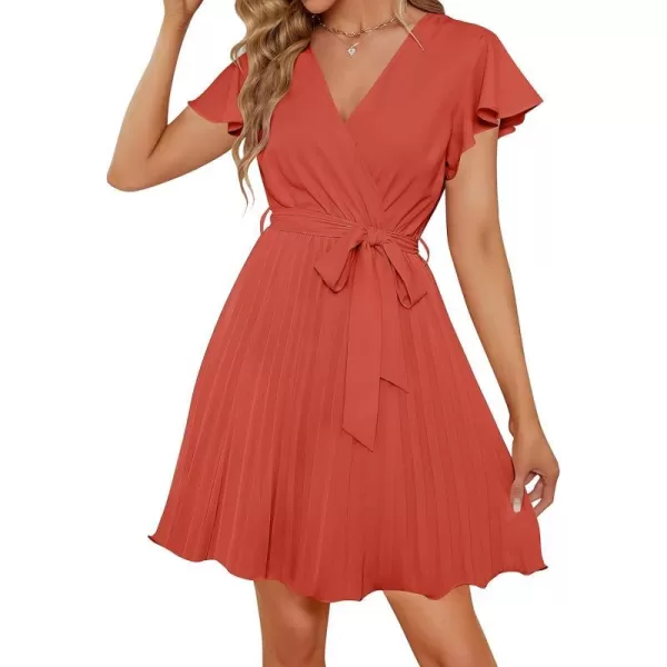 imageZESICA Womens Wrap V Neck Mini Dress 2023 Summer Flutter Sleeve Tie Waist Pleated A Line Swing Wedding Party Short DressesRust