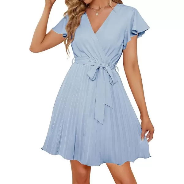 imageZESICA Womens Wrap V Neck Mini Dress 2023 Summer Flutter Sleeve Tie Waist Pleated A Line Swing Wedding Party Short DressesSkyblue