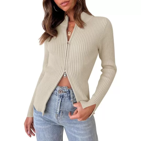 imageZESICA Womens Zip Up Sweater 2023 Long Sleeve V Neck Shirt Fall Ribbed Knit Slim Fitted Casual TopsAlmond