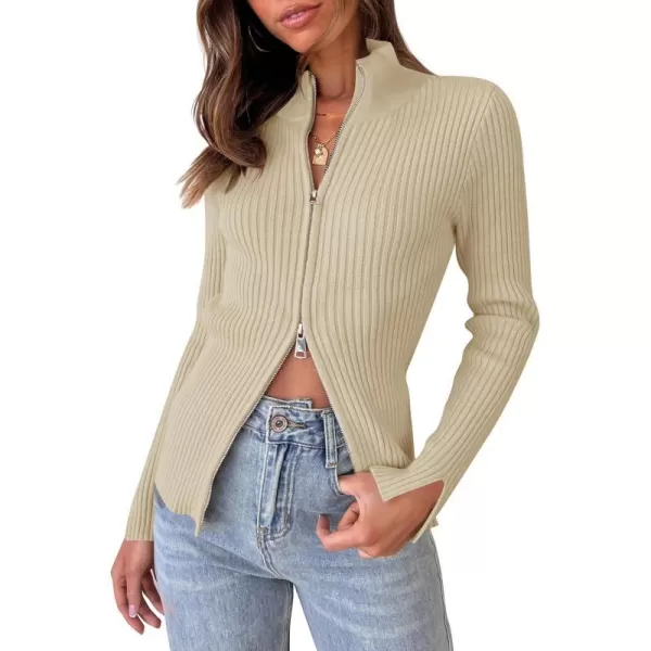 imageZESICA Womens Zip Up Sweater 2023 Long Sleeve V Neck Shirt Fall Ribbed Knit Slim Fitted Casual TopsApricot