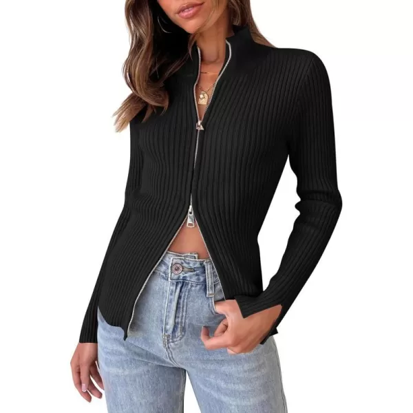 imageZESICA Womens Zip Up Sweater 2023 Long Sleeve V Neck Shirt Fall Ribbed Knit Slim Fitted Casual TopsBlack