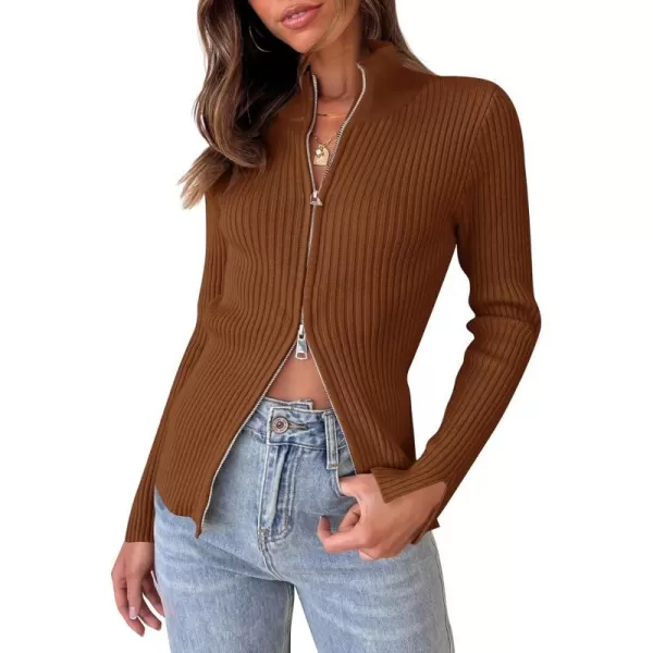 imageZESICA Womens Zip Up Sweater 2023 Long Sleeve V Neck Shirt Fall Ribbed Knit Slim Fitted Casual TopsCaramel