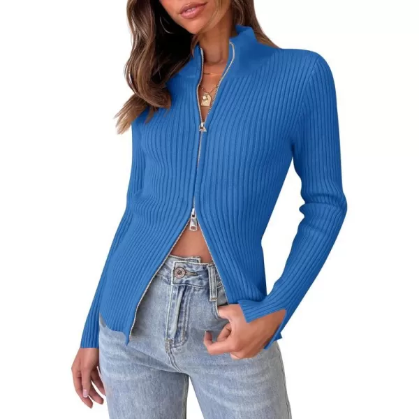 imageZESICA Womens Zip Up Sweater 2023 Long Sleeve V Neck Shirt Fall Ribbed Knit Slim Fitted Casual TopsCobalt
