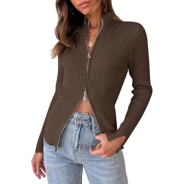 imageZESICA Womens Zip Up Sweater 2023 Long Sleeve V Neck Shirt Fall Ribbed Knit Slim Fitted Casual TopsCoffee