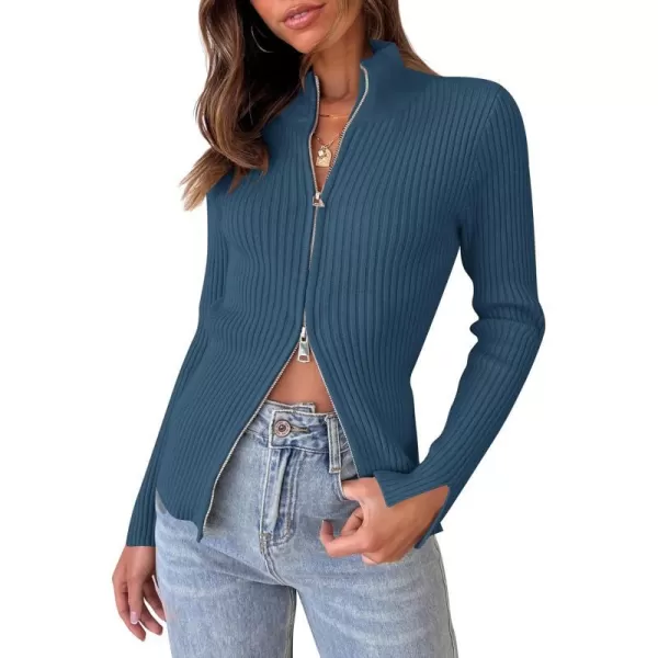 imageZESICA Womens Zip Up Sweater 2023 Long Sleeve V Neck Shirt Fall Ribbed Knit Slim Fitted Casual TopsDarkblue