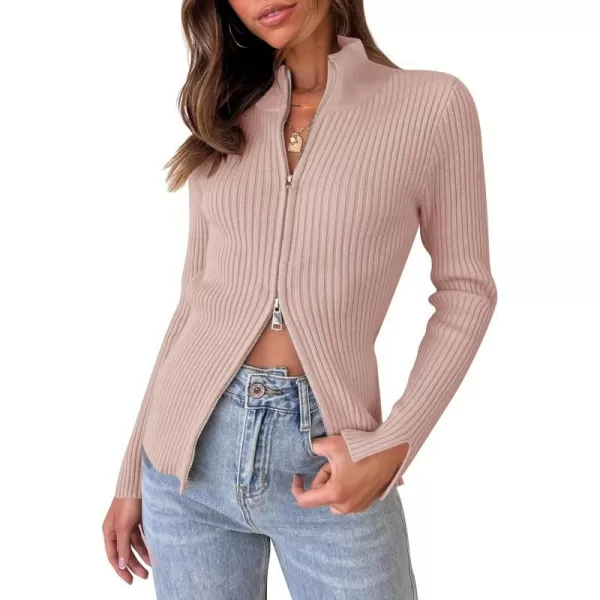 imageZESICA Womens Zip Up Sweater 2023 Long Sleeve V Neck Shirt Fall Ribbed Knit Slim Fitted Casual TopsDustypink
