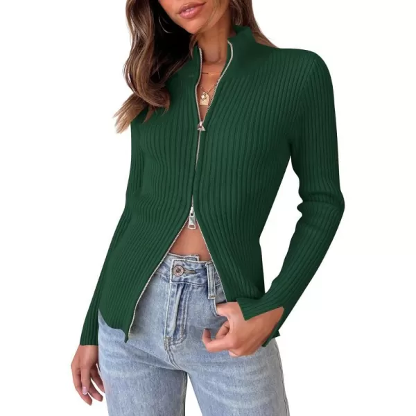 imageZESICA Womens Zip Up Sweater 2023 Long Sleeve V Neck Shirt Fall Ribbed Knit Slim Fitted Casual TopsGreen