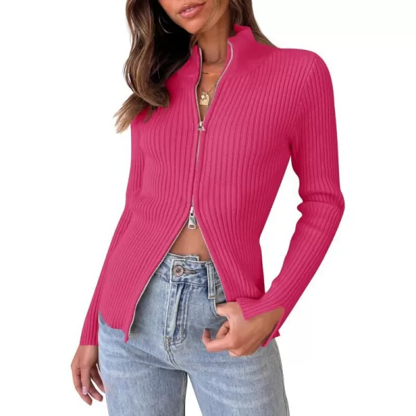 imageZESICA Womens Zip Up Sweater 2023 Long Sleeve V Neck Shirt Fall Ribbed Knit Slim Fitted Casual TopsRose