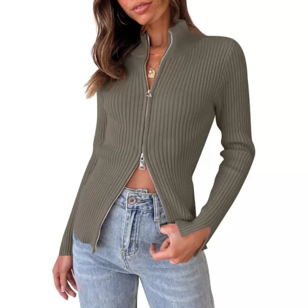 imageZESICA Womens Zip Up Sweater 2023 Long Sleeve V Neck Shirt Fall Ribbed Knit Slim Fitted Casual TopsTaupe