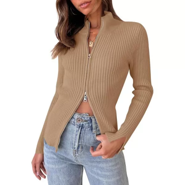 imageZESICA Womens Zip Up Sweater 2023 Long Sleeve V Neck Shirt Fall Ribbed Knit Slim Fitted Casual TopsToffee