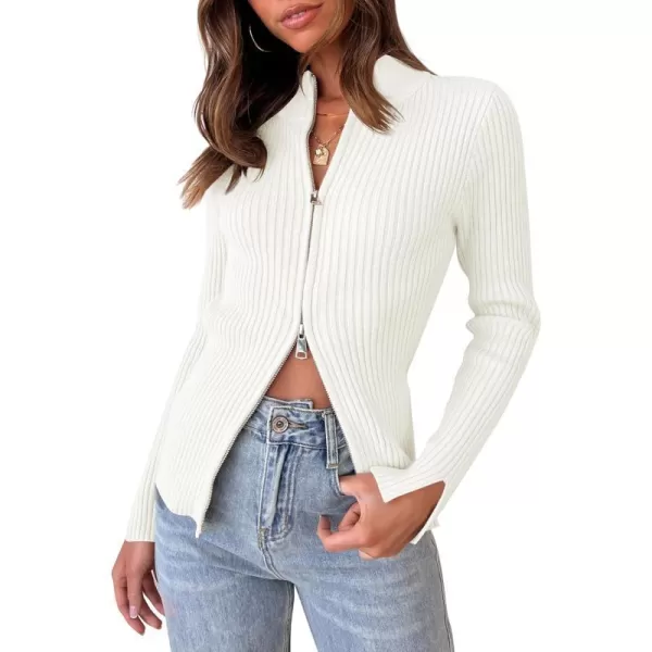 imageZESICA Womens Zip Up Sweater 2023 Long Sleeve V Neck Shirt Fall Ribbed Knit Slim Fitted Casual TopsWhite
