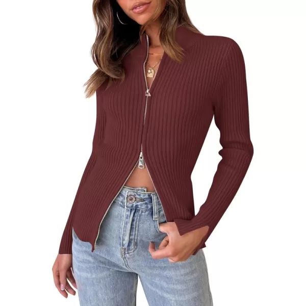 imageZESICA Womens Zip Up Sweater 2023 Long Sleeve V Neck Shirt Fall Ribbed Knit Slim Fitted Casual TopsWine