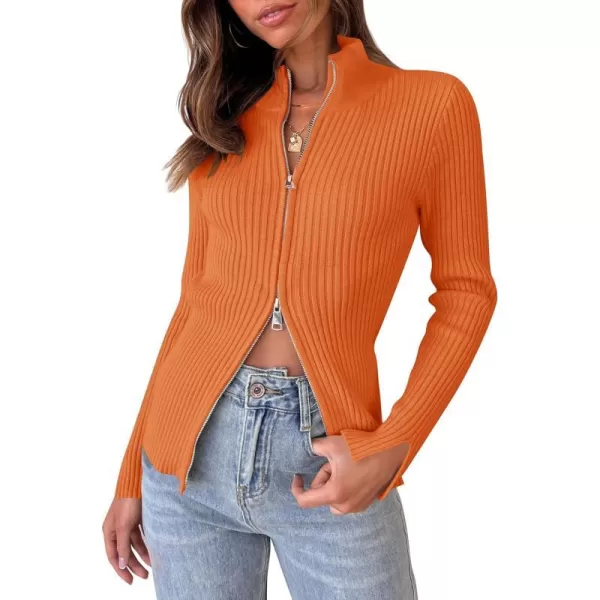 imageZESICA Womens Zip Up Sweater 2024 Long Sleeve V Neck Shirt Fall Ribbed Knit Slim Fitted Casual TopsOrange