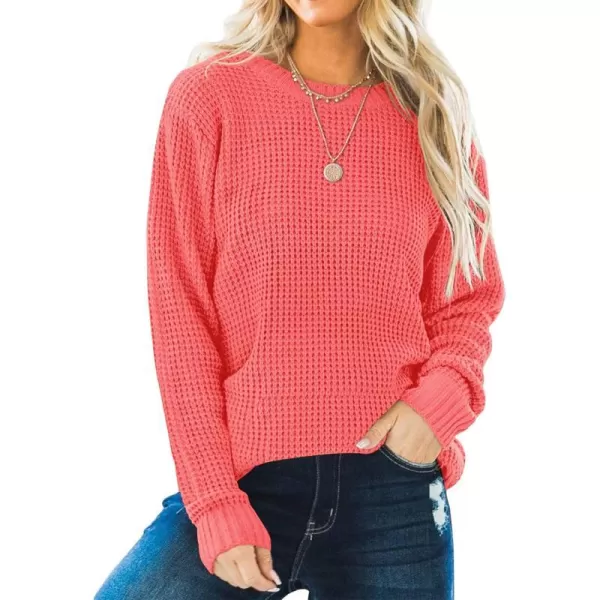 imageZESICAnbspWomens 2024nbspFall Long Sleeve Crew Neck Waffle Knit Casual Loose Oversized Pullover Sweater Jumper TopsWatermelon