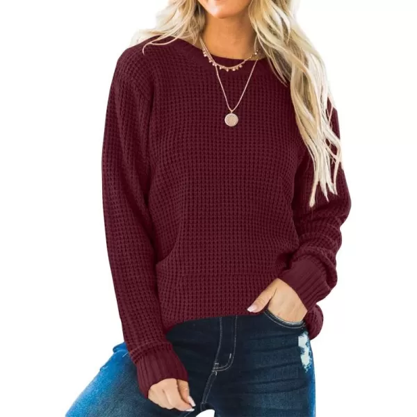 imageZESICAnbspWomens 2024nbspFall Long Sleeve Crew Neck Waffle Knit Casual Loose Oversized Pullover Sweater Jumper TopsWine