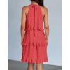 imageZESICA Womens 2025 Summer Halter Dresses Sleeveless Ruffle Tiered Layered Chiffon Pleated A Line Swing Mini DressCoral