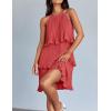 imageZESICA Womens 2025 Summer Halter Dresses Sleeveless Ruffle Tiered Layered Chiffon Pleated A Line Swing Mini DressCoral