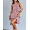 imageZESICA Womens 2025 Summer Halter Dresses Sleeveless Ruffle Tiered Layered Chiffon Pleated A Line Swing Mini DressDarkpink